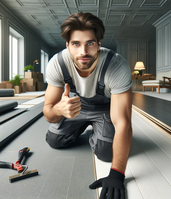 DALL·E 2023-12-12 00.29.06 - A realistic image of a PVC flooring installer looking into the camera and giving a thumbs up. The setting is indoors, during the day, with natural lig